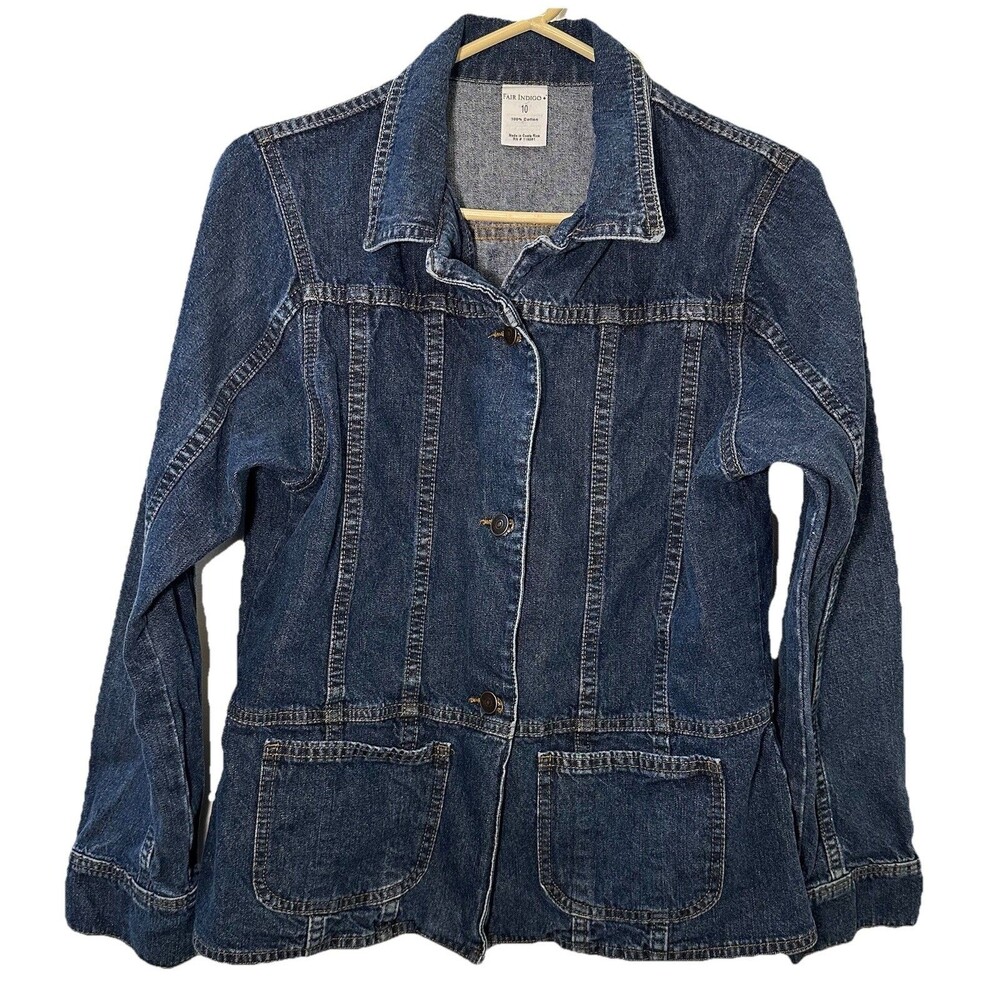 Fair Indigo Denim Jacket Womens 10 Dark Wash 100% Cotton Ethical Jean Jacket